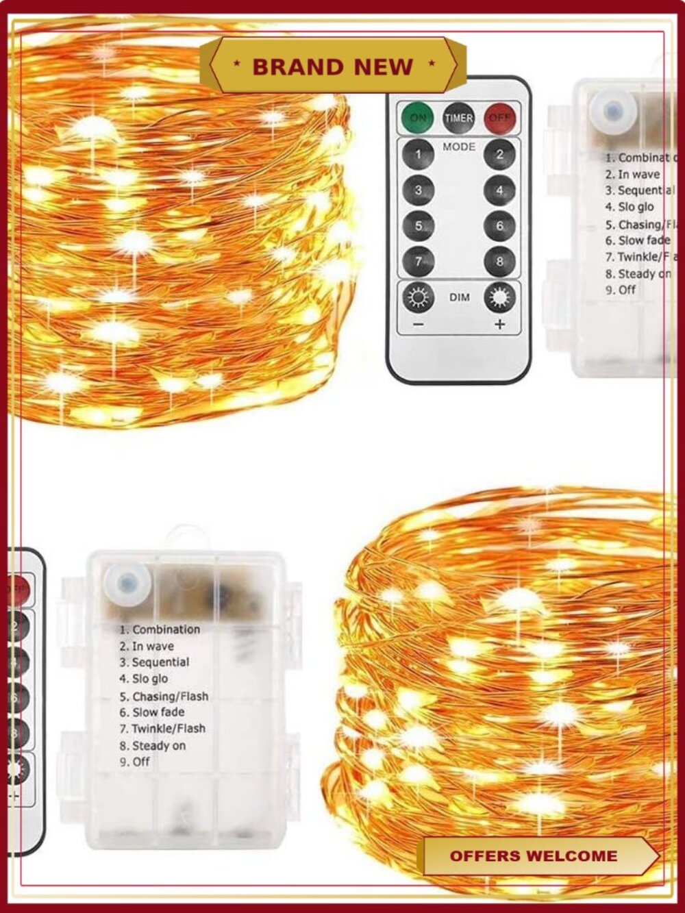 2 Set LED Fairy Lights Battery Operated 8 Modes 33Ft 100 LED Copper Wire